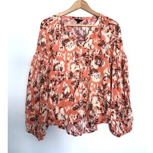 FRYE orange brown white balloon sleeve billowy boho peasant blouse top